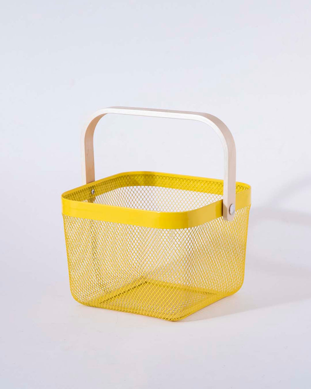 Square Metal Storage Basket with Wooden Handle - Yellow - Set of 2