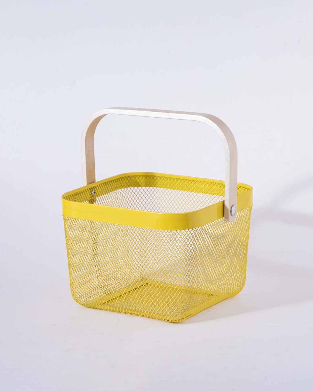 Square Metal Storage Basket with Wooden Handle - Yellow - Set of 2