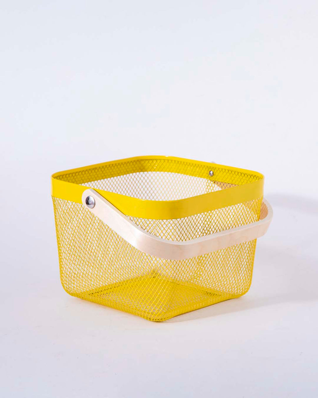 Square Metal Storage Basket with Wooden Handle - Yellow - Set of 2