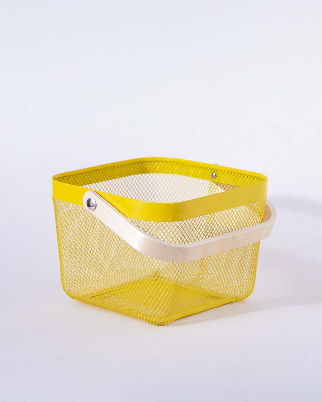 Square Metal Storage Basket with Wooden Handle - Yellow - Set of 2