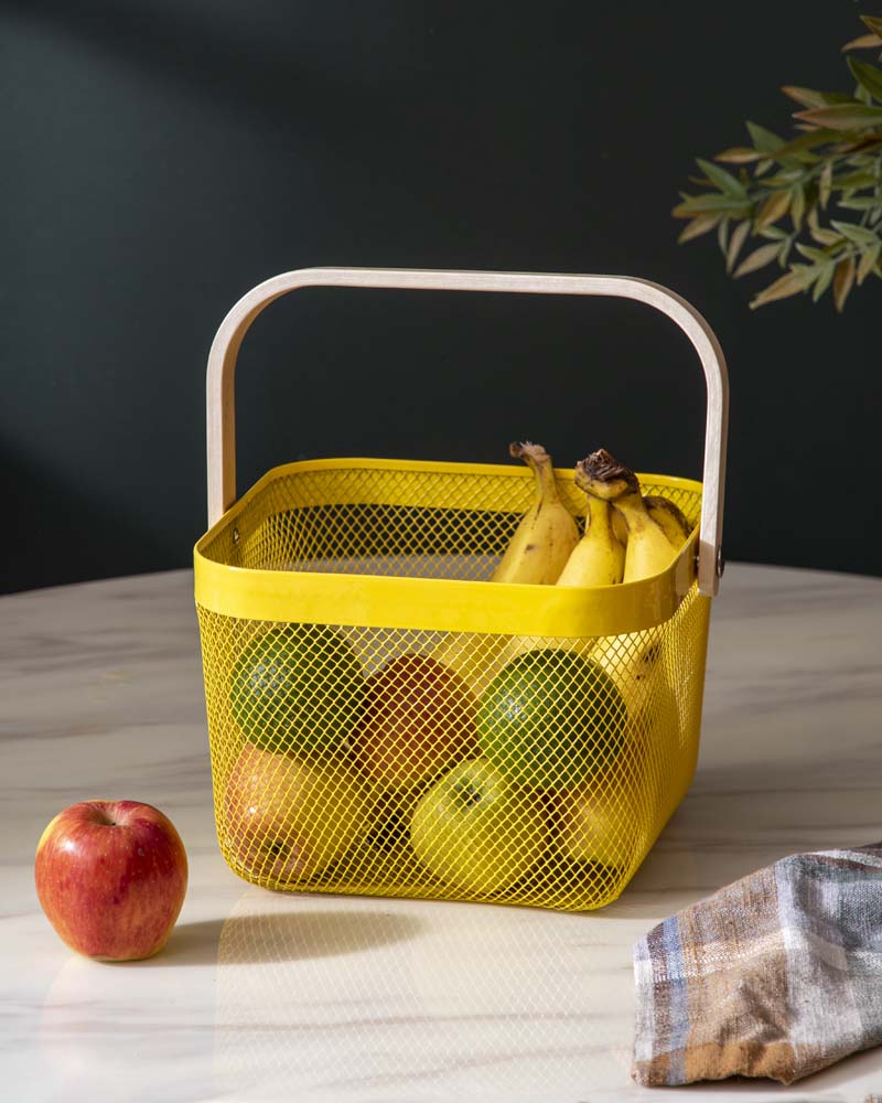 Square Metal Storage Basket with Wooden Handle - Yellow - Set of 2