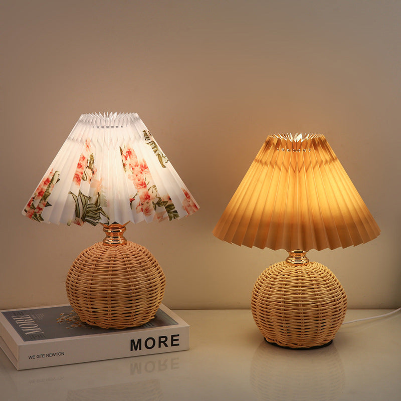 RattaLume Nordic LED Table Lamp | Woven Rattan & Foldable Fabric Shade | Mood Light | Decor for the Bedroom