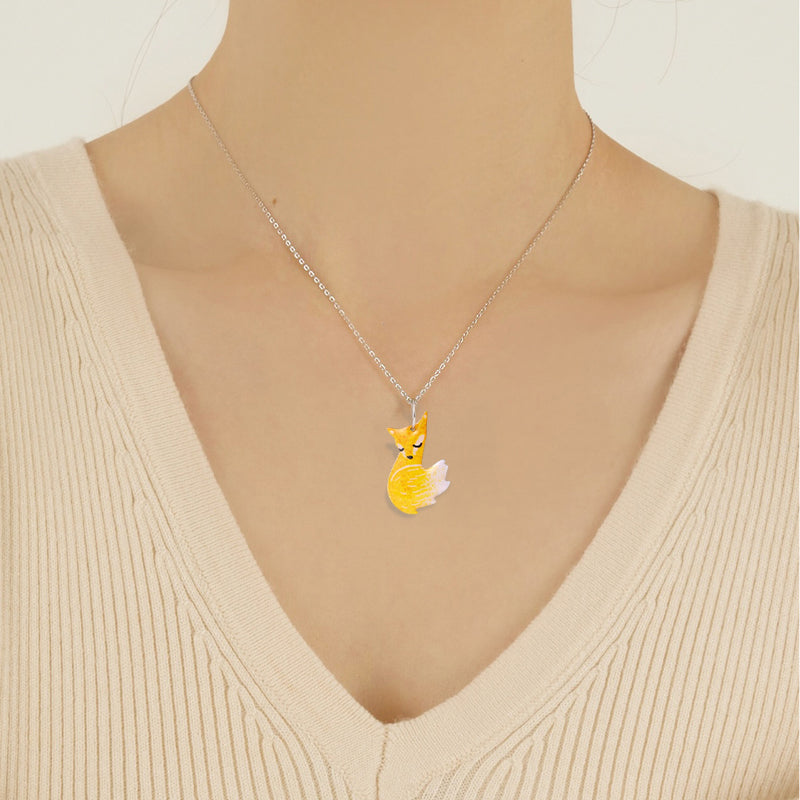 Hand-painted Fox and Wolf Couple Embrace Necklace