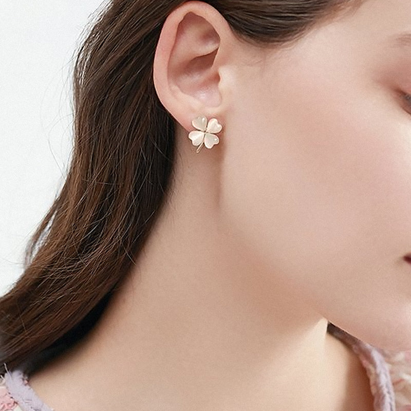 Heart-shaped Opal Lucky Four Leaf Clover Earrings