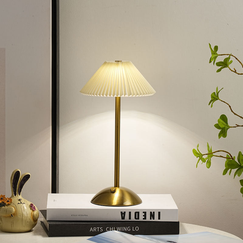 Contemporary Scandinavian rechargeable iron fabric cone pleated LED table lamp for bedside