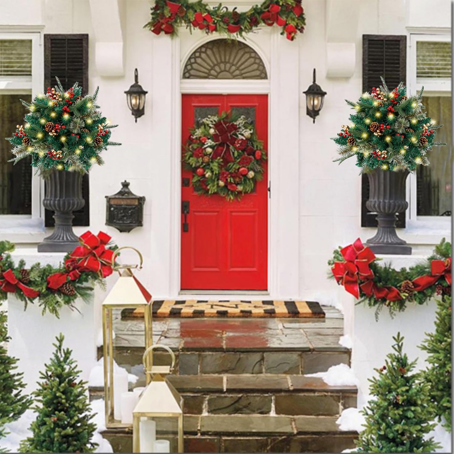 Christmas urn decoration with LED lights | Realistic pine branches & berries | Indoor and outdoor