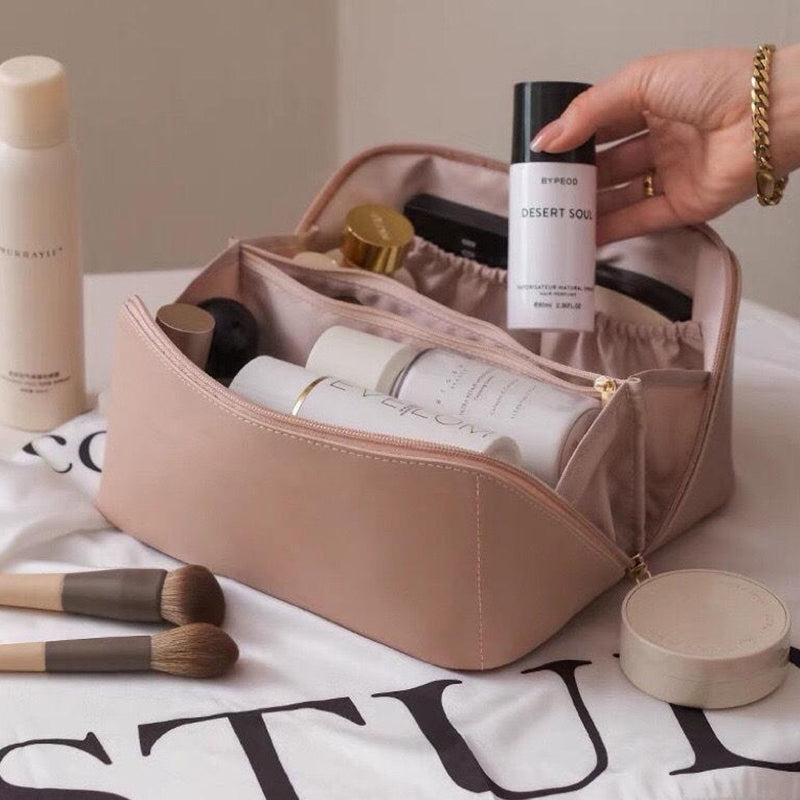 Large Travel Cosmetic Bag with Double-Layer Storage and Water-Resistant PU Leather