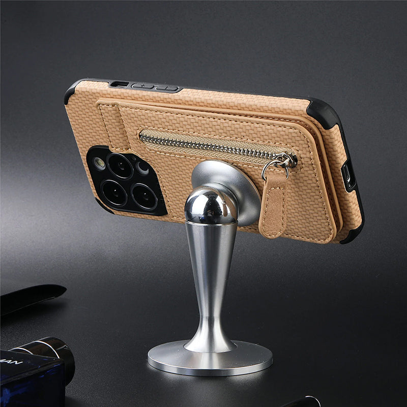 Magnetic zipper wallet case with credit card holder