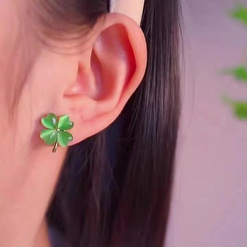 Heart-shaped Opal Lucky Four Leaf Clover Earrings