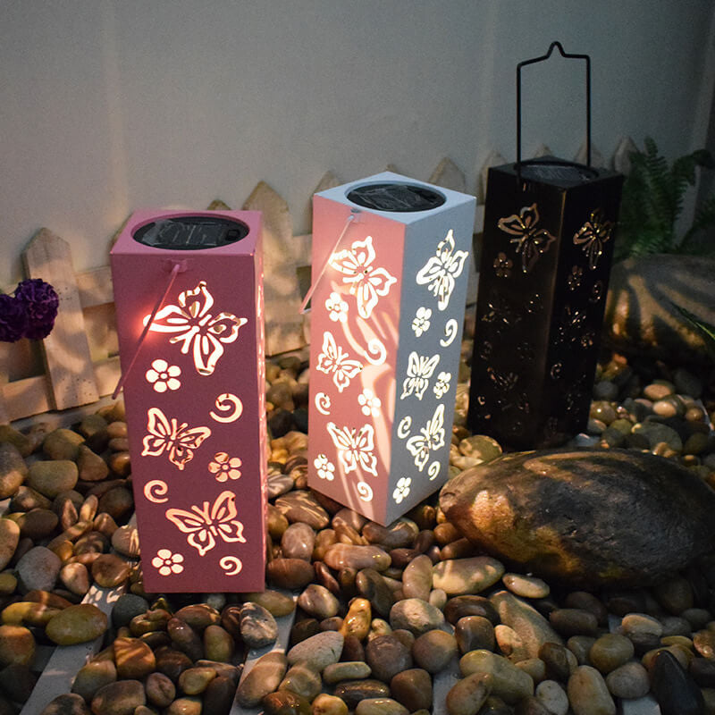 Solar Butterfly Rose Pattern Hollow Column LED Outdoor Waterproof Decorative Lamp