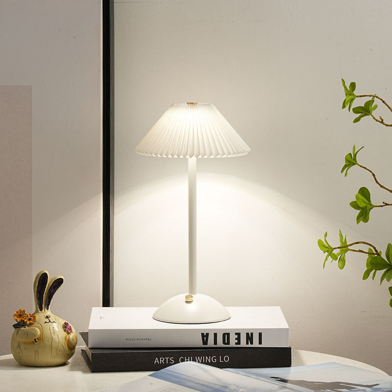 Contemporary Scandinavian rechargeable iron fabric cone pleated LED table lamp for bedside