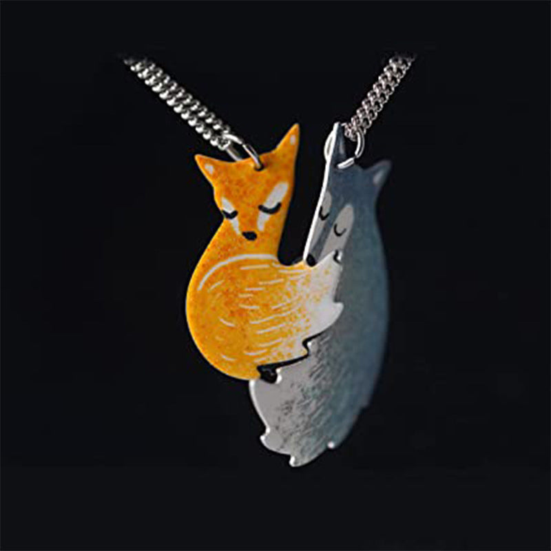 Hand-painted Fox and Wolf Couple Embrace Necklace