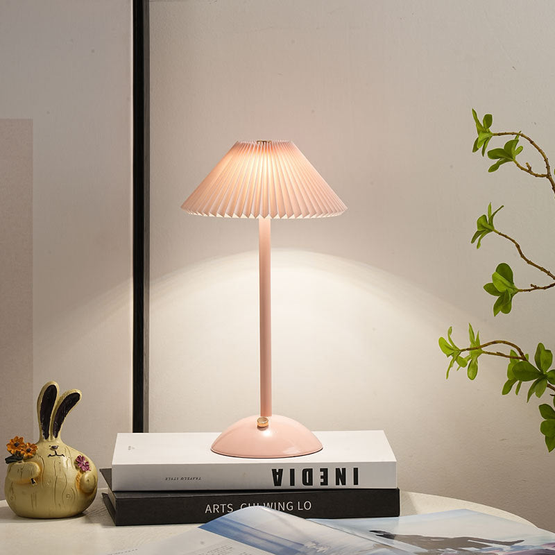 Contemporary Scandinavian rechargeable iron fabric cone pleated LED table lamp for bedside