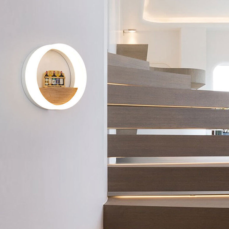 Lumoshelf LED Wall Light | Solid Wood with Shelf | Round Wall Lamp | Warm & White Light