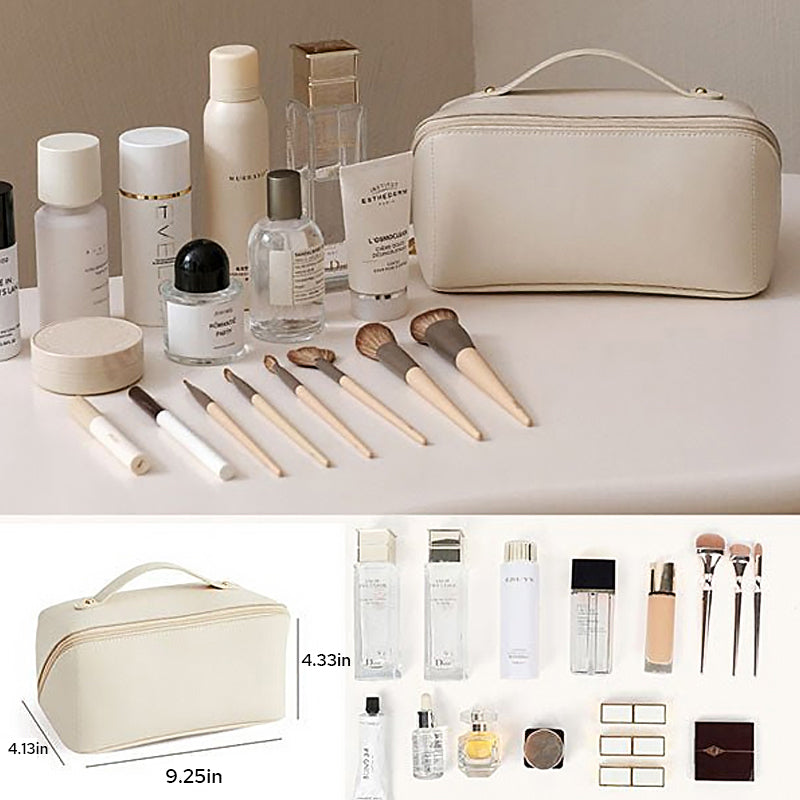 Large Travel Cosmetic Bag with Double-Layer Storage and Water-Resistant PU Leather