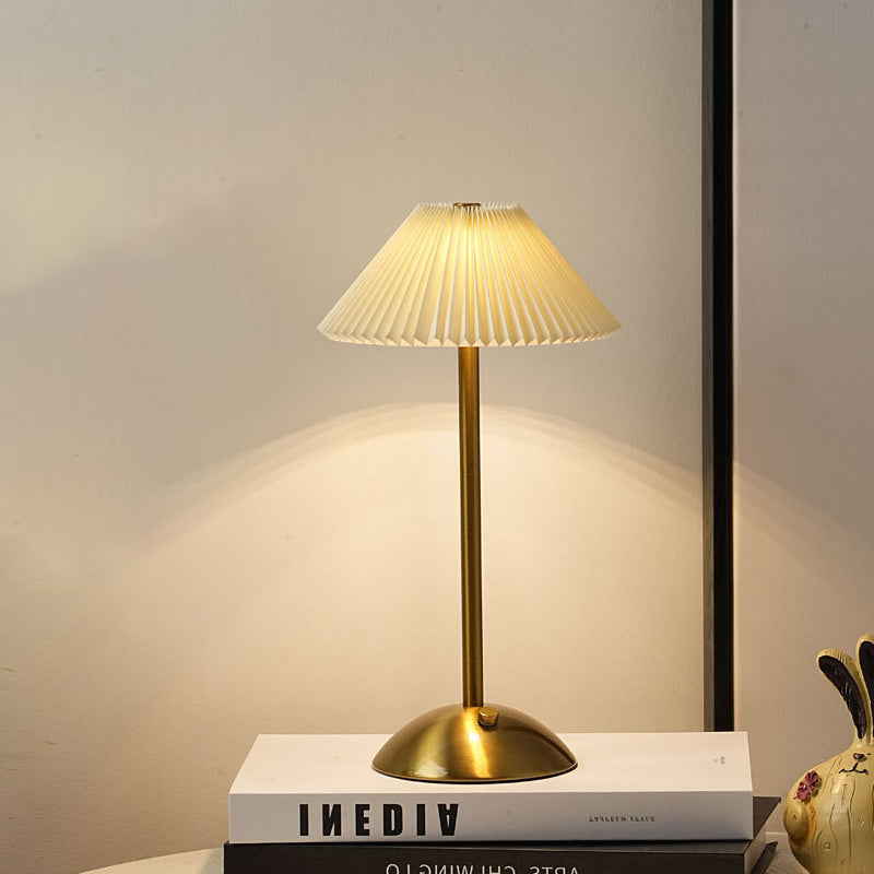 Contemporary Scandinavian rechargeable iron fabric cone pleated LED table lamp for bedside
