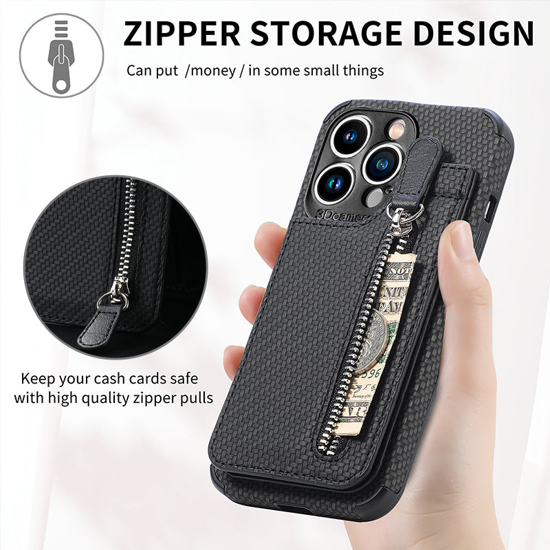 Magnetic zipper wallet case with credit card holder