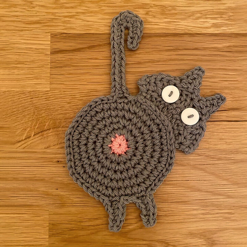Sweet knitted kitten butt coasters