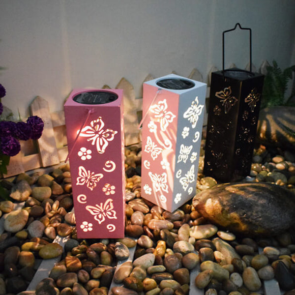 Solar Butterfly Rose Pattern Hollow Column LED Outdoor Waterproof Decorative Lamp