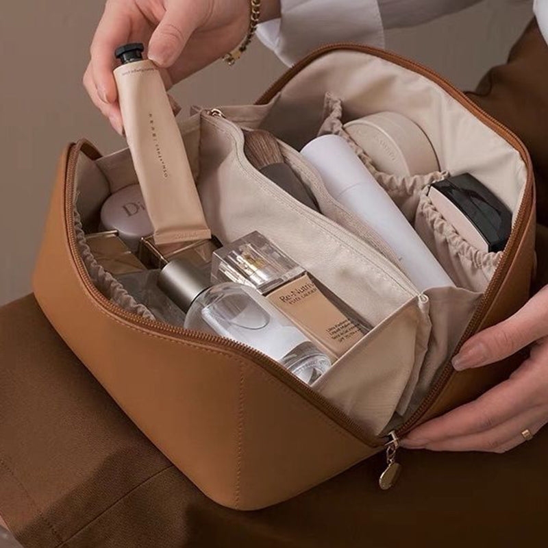Large Travel Cosmetic Bag with Double-Layer Storage and Water-Resistant PU Leather