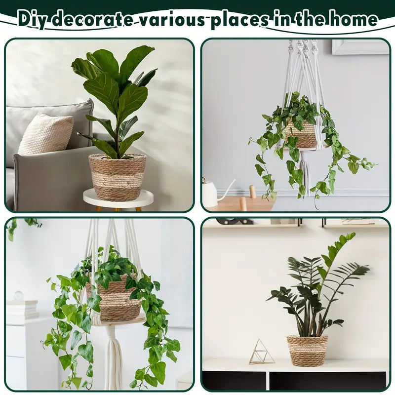 Decorative plant baskets made of seagrass in a set of 3 – Handwoven flower pots with foil insert