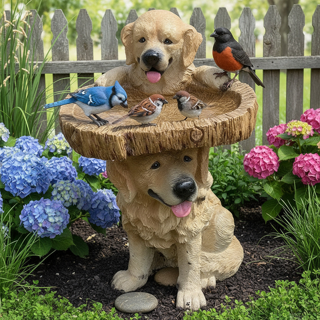 Golden Retriever Puppy Bird Bath Garden Statue