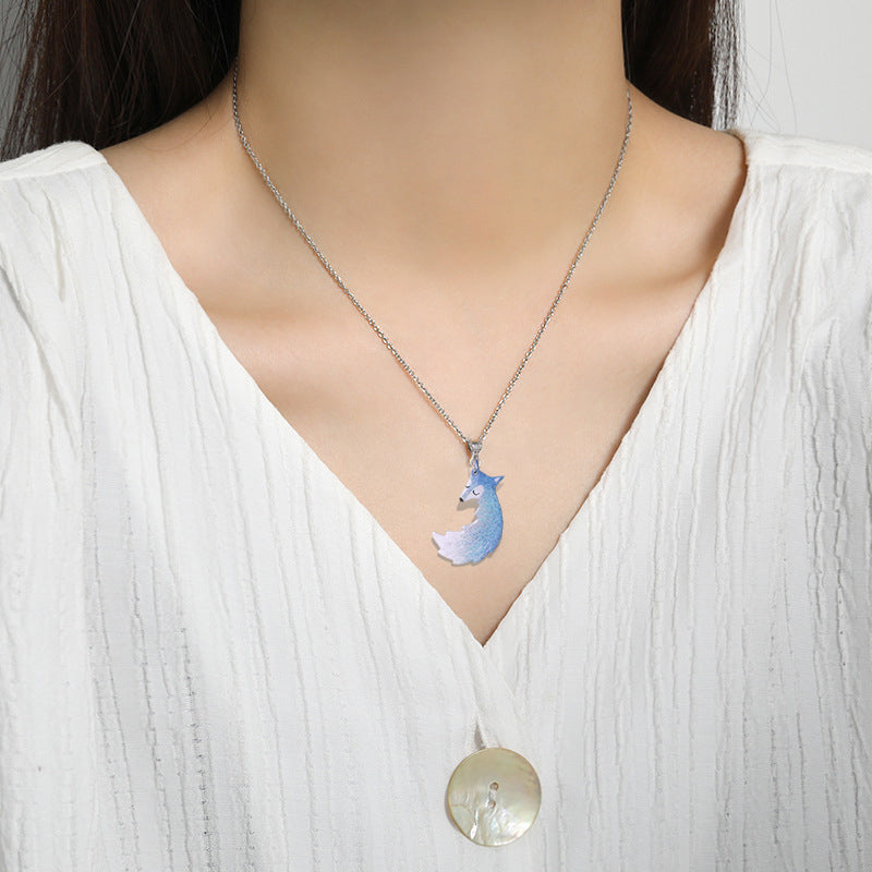 Hand-painted Fox and Wolf Couple Embrace Necklace