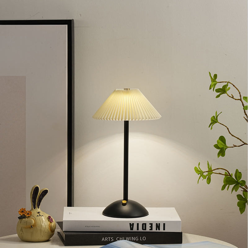 Contemporary Scandinavian rechargeable iron fabric cone pleated LED table lamp for bedside
