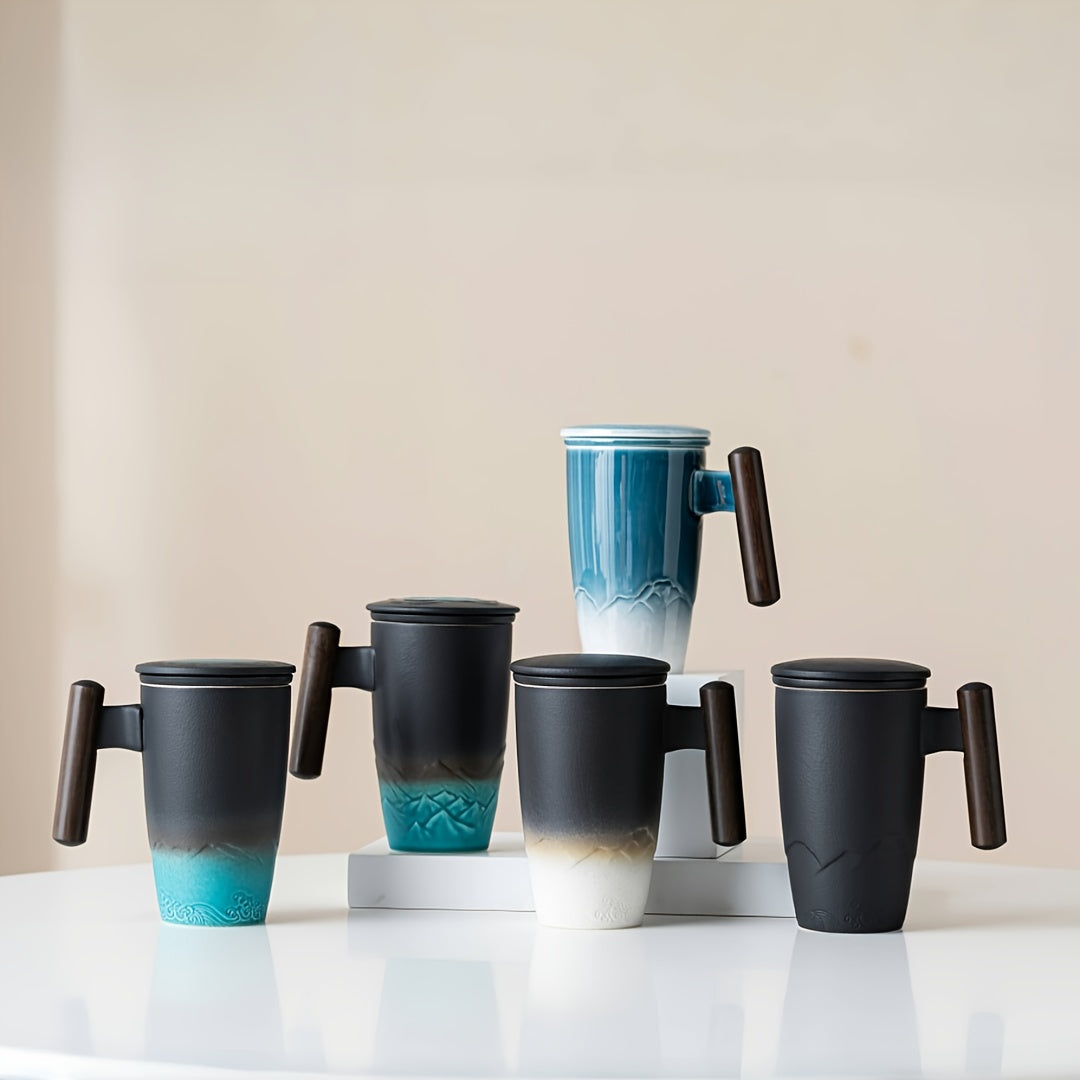 TeaCraft Ceramic Mug | Handmade | With Tea Infuser & Wooden Handle | Retro Design