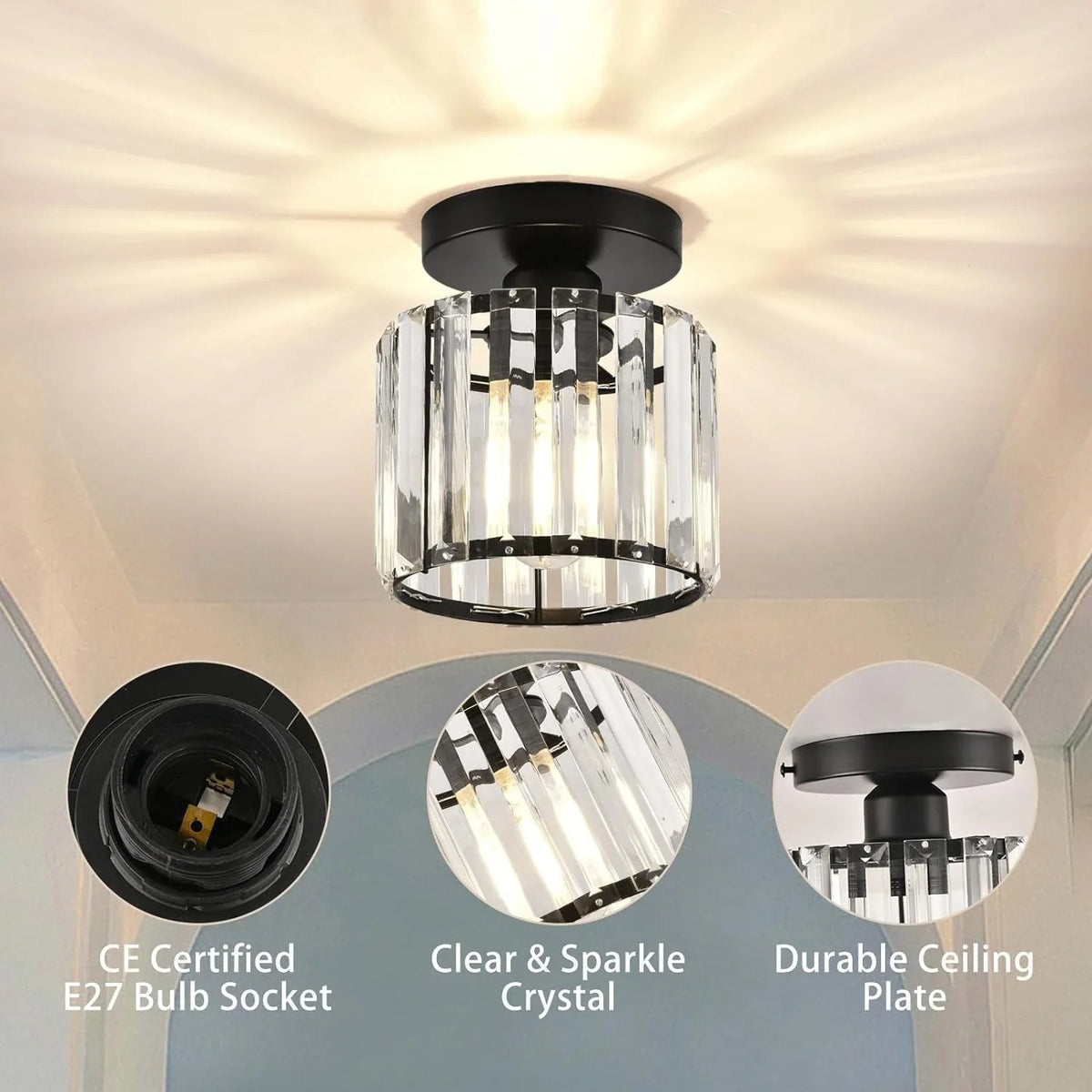 Modern Crystal Ceiling Light with Gold and Black Accents – Stylish Lighting for Your Home