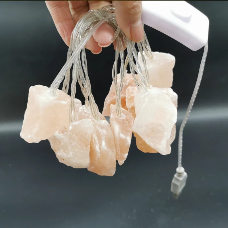 SolaraGleam Himalayan Salt String Lights | Warm Amber Light | Portable Natural Crystal Decoration for Home