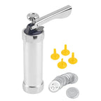 Cookie press made of stainless steel with attachments for creative cookies and pastries