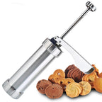 Cookie press made of stainless steel with attachments for creative cookies and pastries