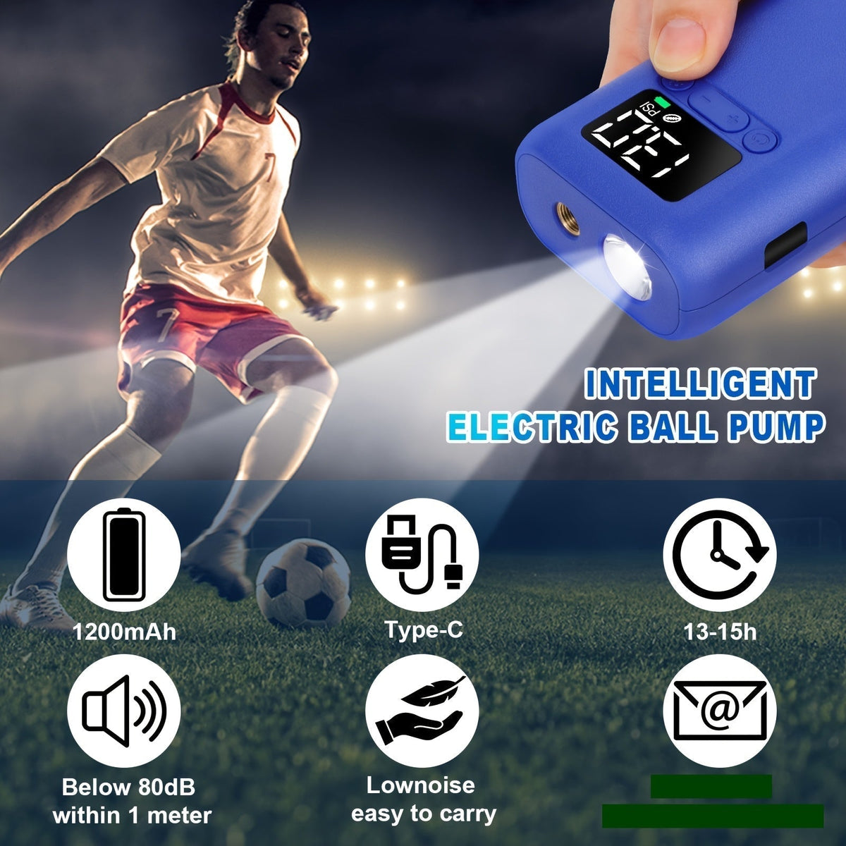 Automatic Electric Ball Pump with 20 PSI Capacity, LED Light for Soccer Balls and Basketballs – Compact and Portable Pump