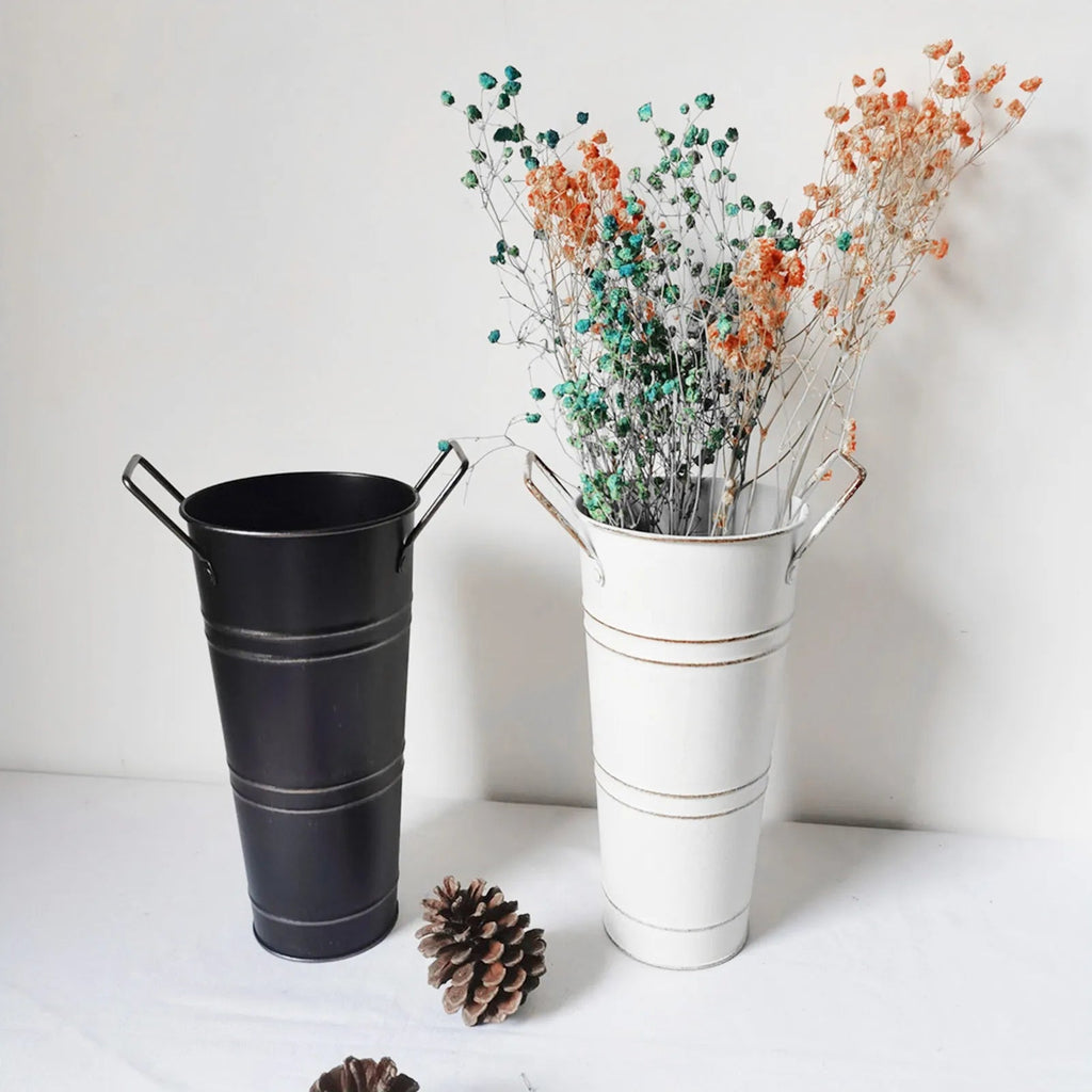 Retro Iron Flower Bucket with Handles – Decorative Metal Flower Pot for Home