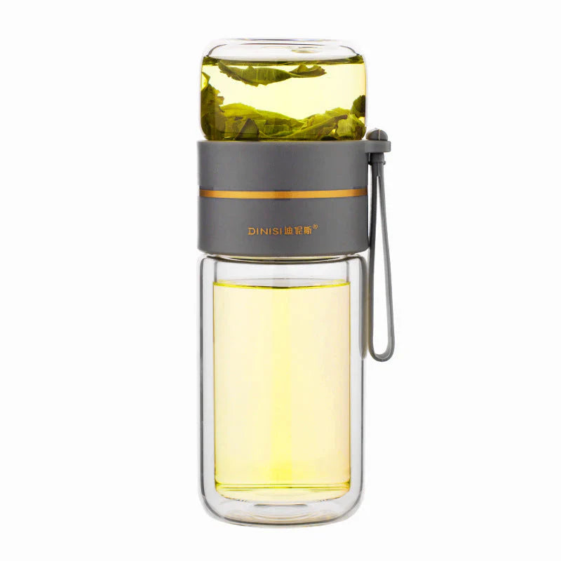 Double-walled glass bottle with tea strainer and infuser