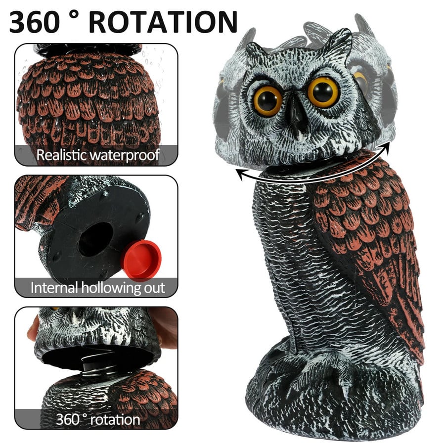Realistic 2-Pack Owl Decoy with Rotating Head – Outdoor Bird & Pest Repellent