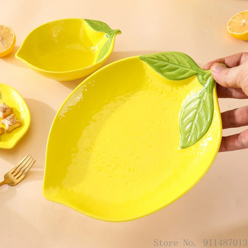 Lemon-shaped ceramic dish set, decorative serving bowls and plates for the dining table