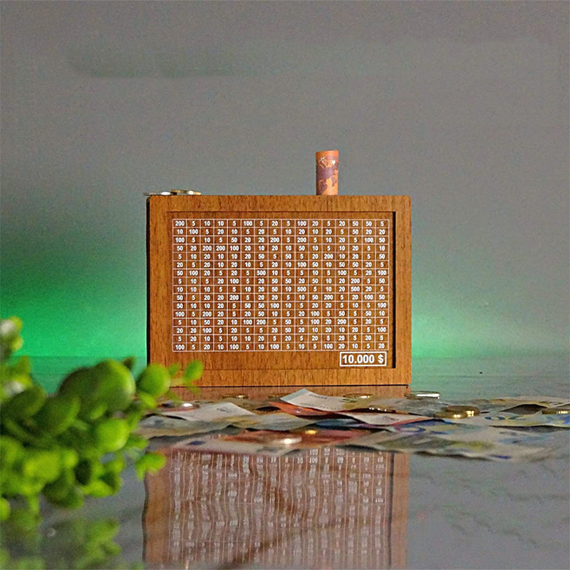 Wood savings box with engraved figures
