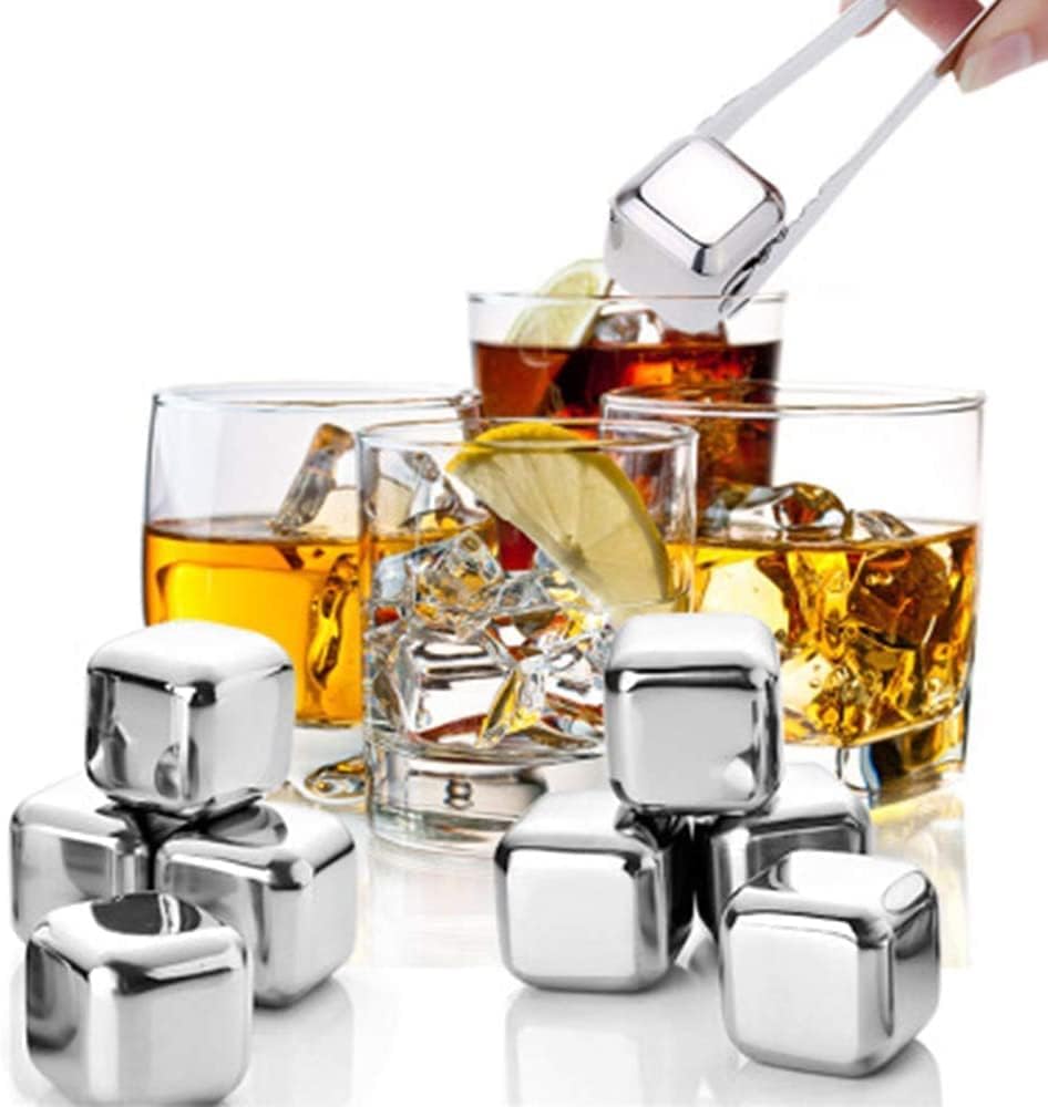 Stainless Steel Ice Cubes, Reusable Ice Cubes Set with Silicone Head Tongs and Ice Cube Trays - Pack of (8)
