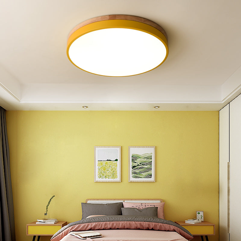 Wooden Round Shape Flush Ceiling Light | LED. Solid Wood & Iron for Living Room. Dining Room & Hallway