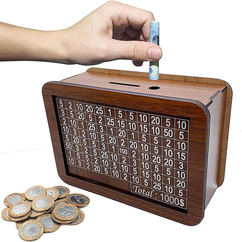Wood savings box with engraved figures