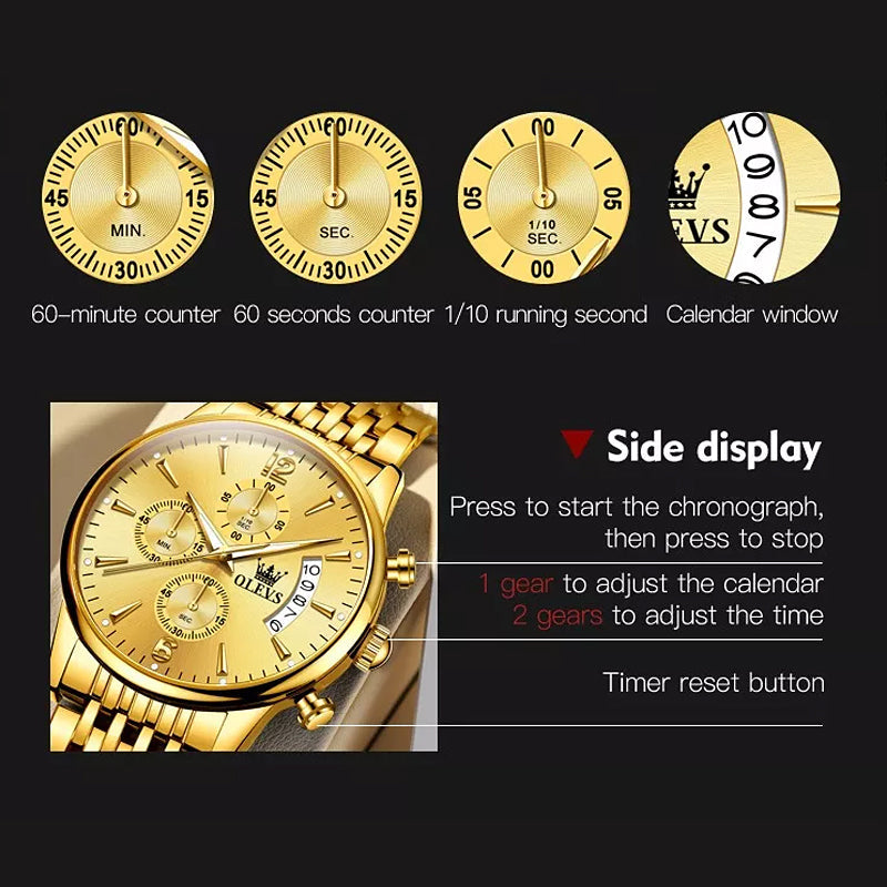 Luxury Gold Three-Eye Chronograph Dial Automatic Mechanical Watch