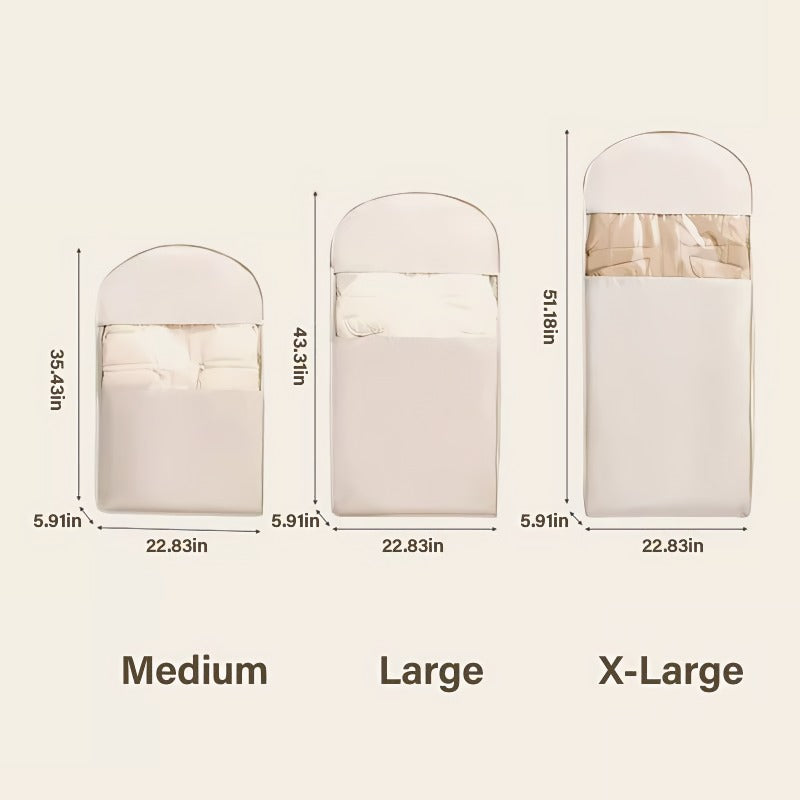Space saving hanging garment bag with self-compressing zipper