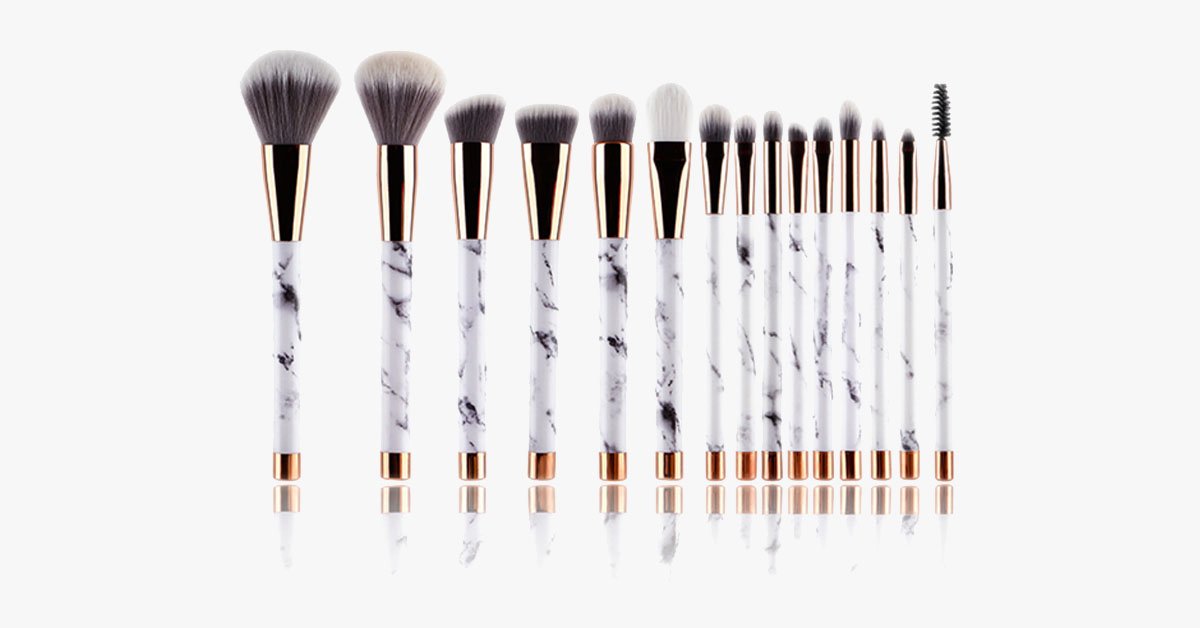 Pro Makeup Brush Set of 15 with Rose and Marble Pattern - Perfect for all Makeup Applications