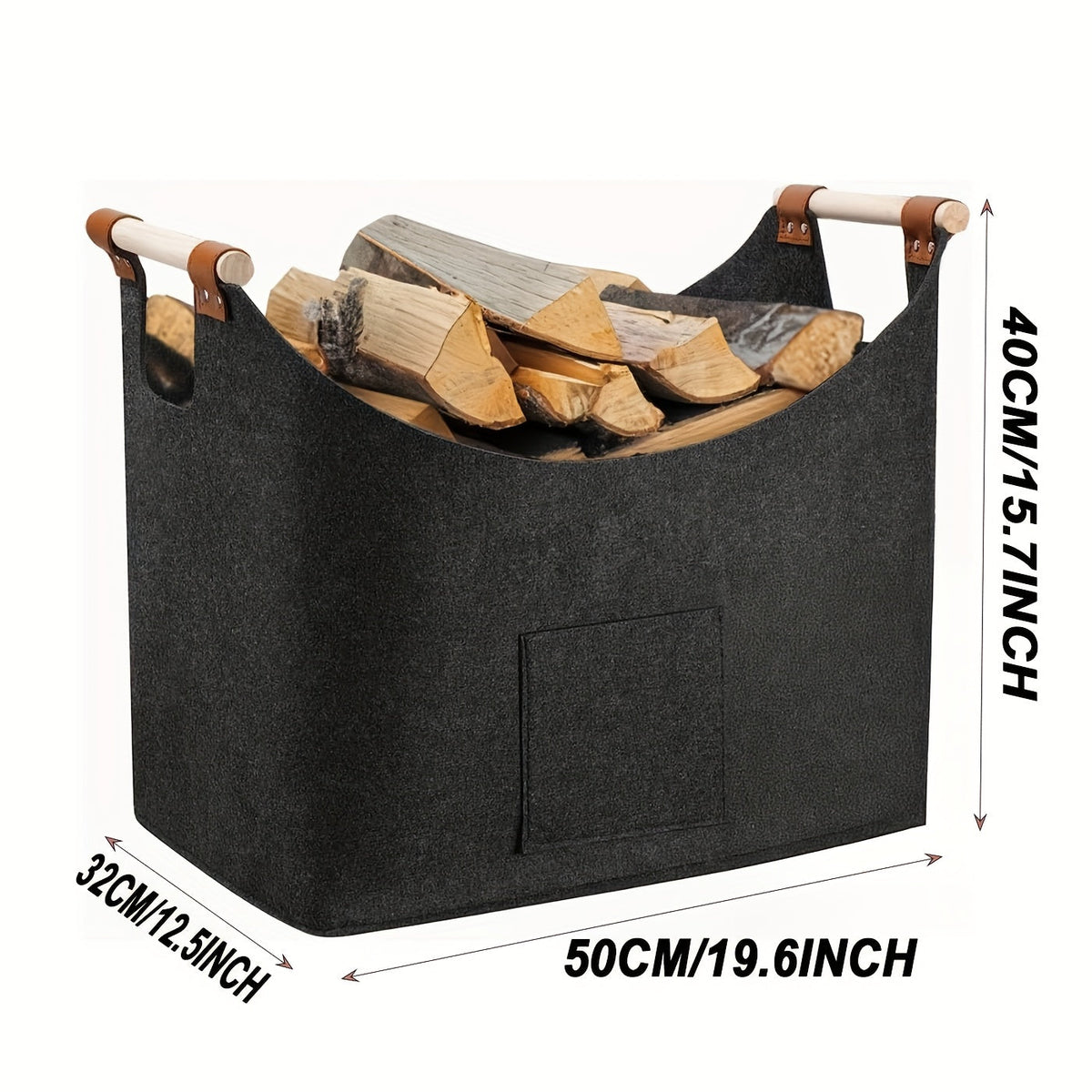 Feldura Foldable Felt Wood Holder 55 liters with Wooden Handles and Leather Accents, Dark Gray