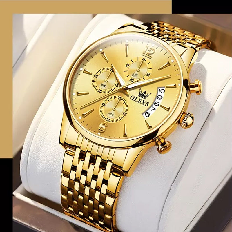 Luxury Gold Three-Eye Chronograph Dial Automatic Mechanical Watch