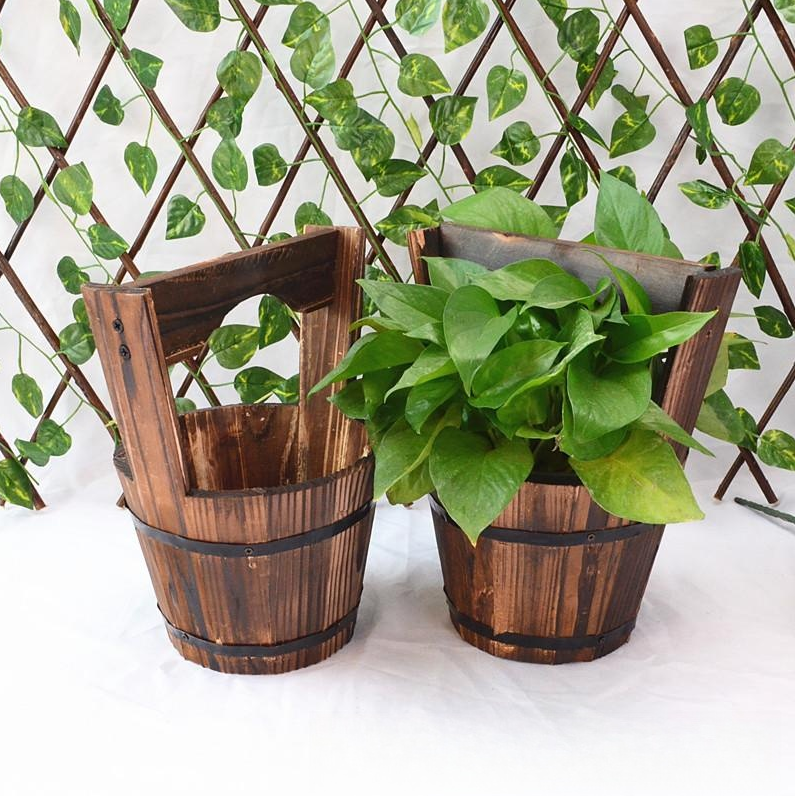 Classic garden flower pots with wood look