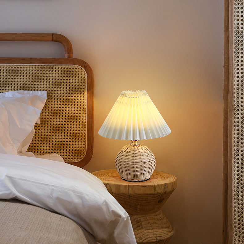 RattaLume Nordic LED Table Lamp | Woven Rattan & Foldable Fabric Shade | Mood Light | Decor for the Bedroom