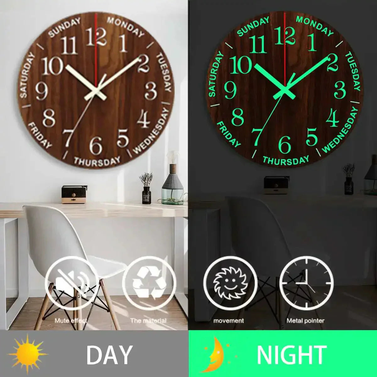 Glowtic Illuminating Wall Clock | Wood Design | Silent | Night Light | Nordic Style | Gift Idea